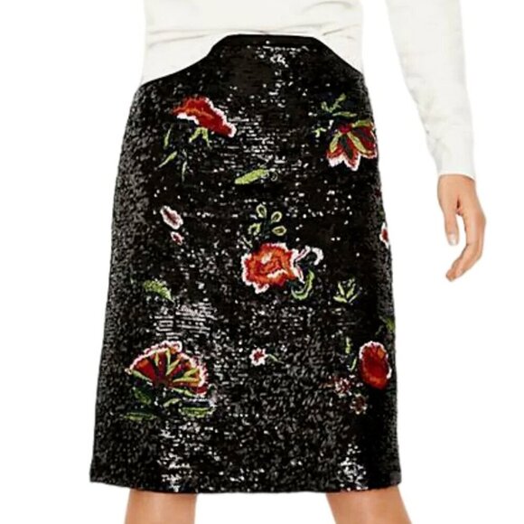 Anthropologie Skirt 2 Black Sequin A-Line Floral Sparkly Cocktail Knee Length - Picture 1 of 6